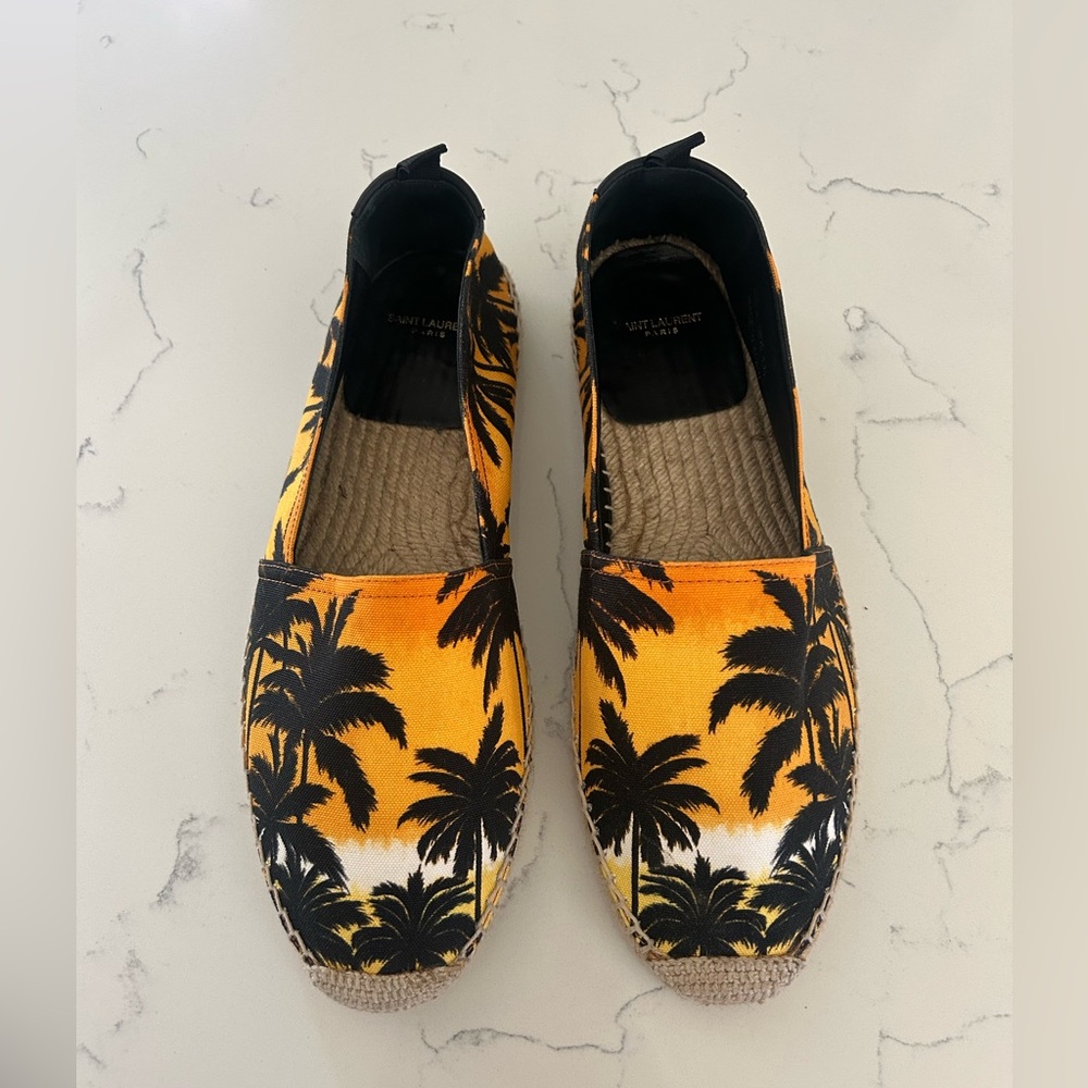 Saint Laurent Black/Yellow Palm Trees At Sunset Print Canvas Slip-On Espadrilles - Picture 3 of 7
